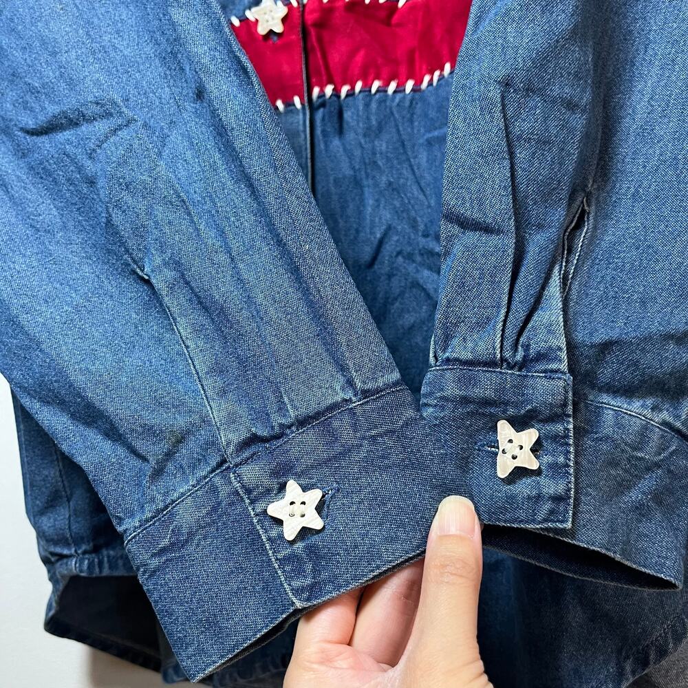 Vintage American Flag Stars Stripes Denim Shirt Red White Blue Large USA July 4 - Picture 8 of 9